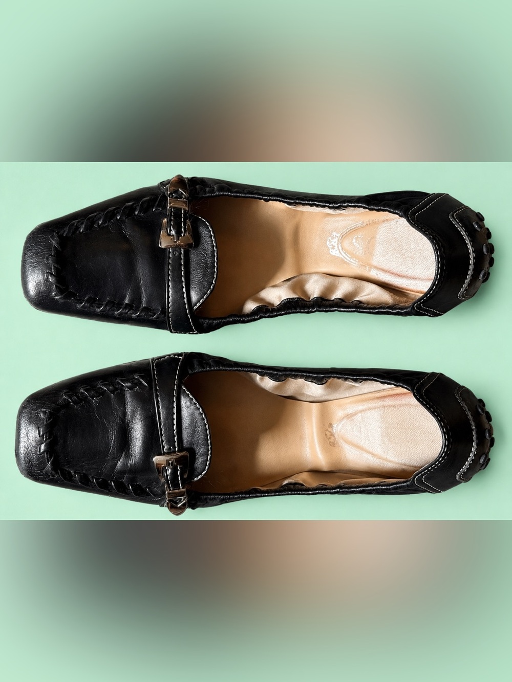 LADIES TODS Vintage Black Leather Buckle Scrunch Distress Driver Shoe - SIZE 8.5